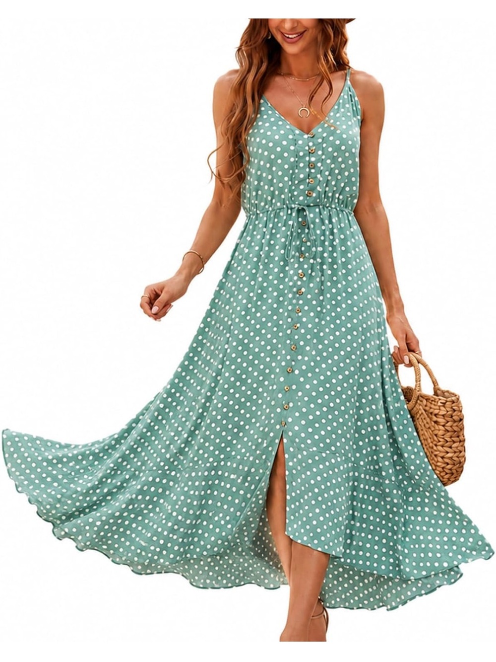 Polka Dot High-Low Sundress with Wooden Buttons - Size S